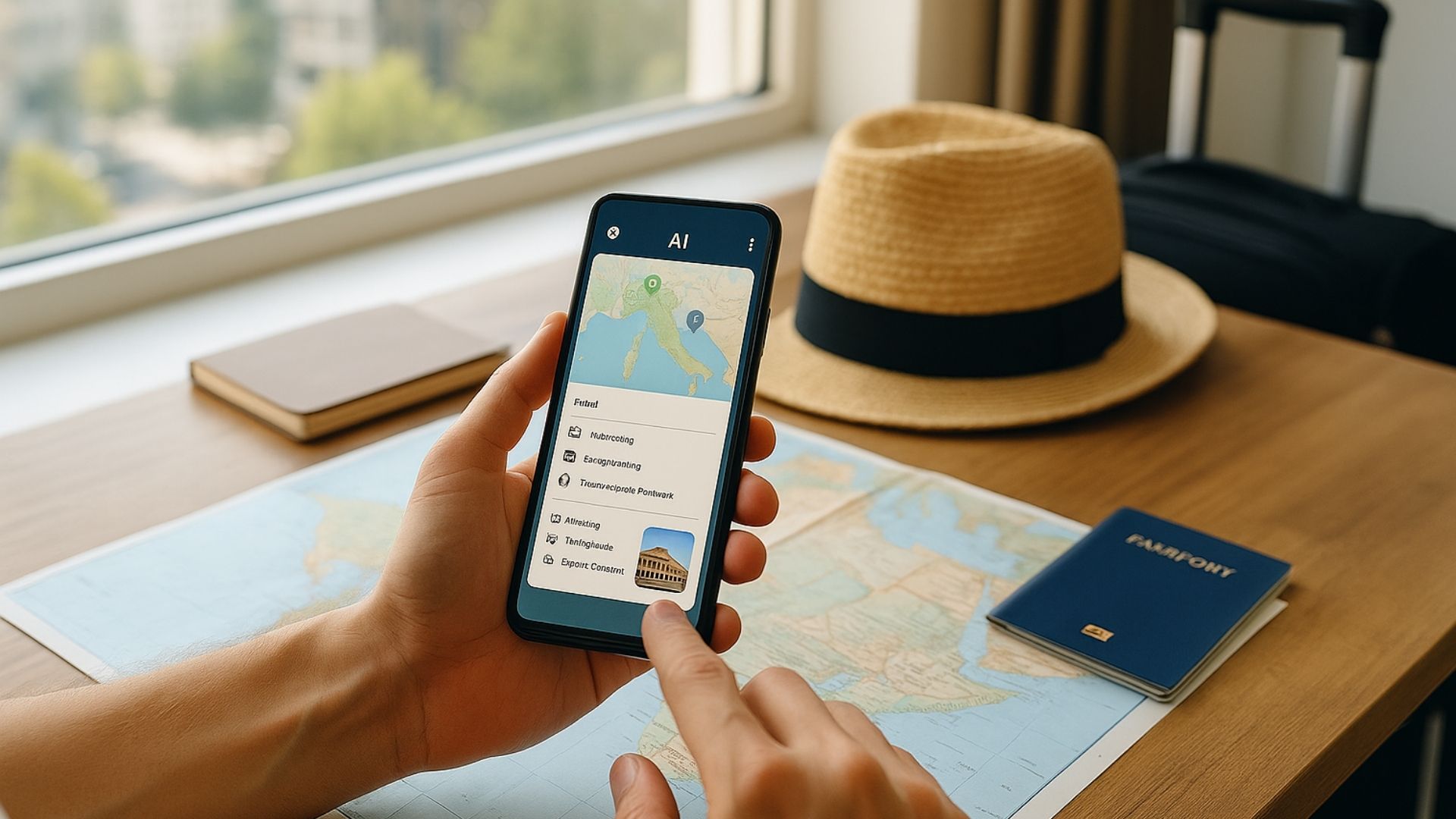 Viajante usando inteligência artificial no celular para montar roteiro de férias